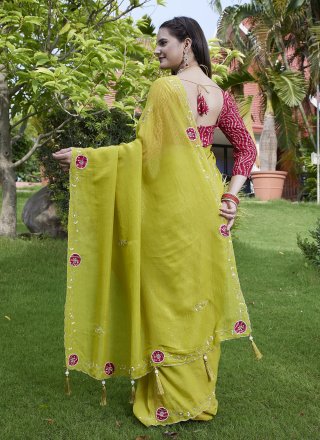 Urbane Yellow Chiffon Contemporary Saree with Diamond and Hand Work
