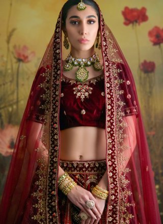 Velvet A - Line Lehenga Choli In Maroon and Rani