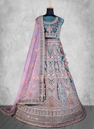 Velvet A - Line Lehenga Choli In Morpeach and Teal