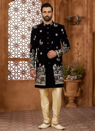 Velvet Indo Western Sherwani In Black Color