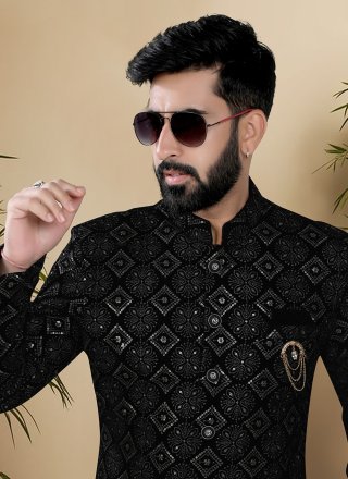 Velvet Indo Western Sherwani In Black Color
