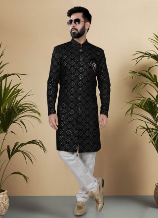 Velvet Indo Western Sherwani In Black Color