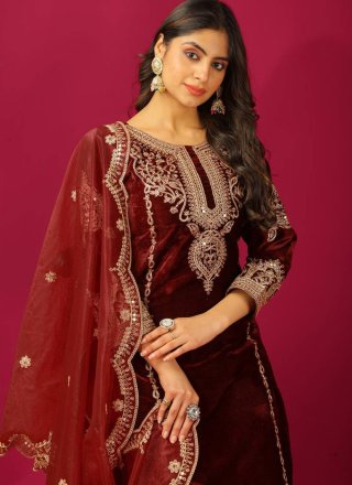 Velvet Readymade Salwar Suit with Embroidered and Zari Work
