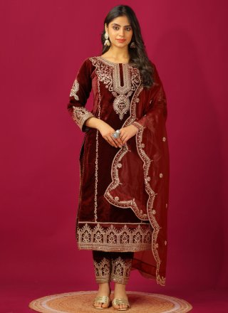 Velvet Readymade Salwar Suit with Embroidered and Zari Work