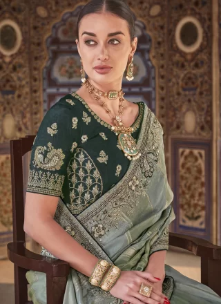 Versatile Grey Silk Classic Saree with Embroidered, Moti, Sequins, Stone, Weaving and Zari Work