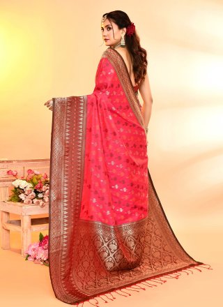 Versatile Hot Pink Silk Trendy Saree with Patch Border, Plain and Weaving Work