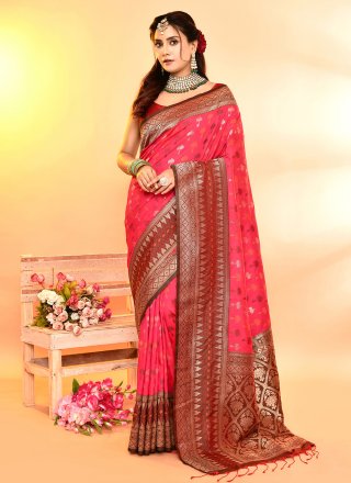 Versatile Hot Pink Silk Trendy Saree with Patch Border, Plain and Weaving Work