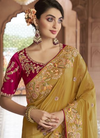 Vibrant Mustard Georgette Classic Sari with Cord, Embroidered, Sequins, Stone and Thread Work