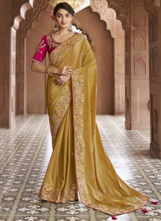 Vibrant Mustard Georgette Classic Sari with Cord, Embroidered, Sequins, Stone and Thread Work