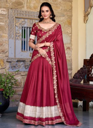 Vichitra Silk A - Line Lehenga Choli with Lace, Weaving and Zari Work
