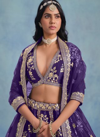 Violet Art Silk Lehenga Choli with Embroidered, Sequins and Zari Work
