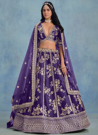 Violet Art Silk Lehenga Choli with Embroidered, Sequins and Zari Work