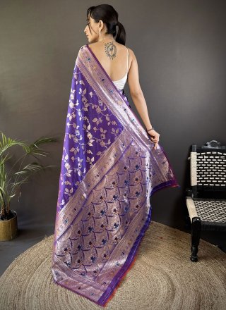 Violet Banarasi Silk Classic Saree with Weaving and Zari Work