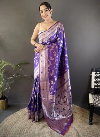 Violet Banarasi Silk Classic Saree with Weaving and Zari Work