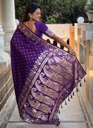 Violet Banarasi Silk Trendy Saree with Woven Work