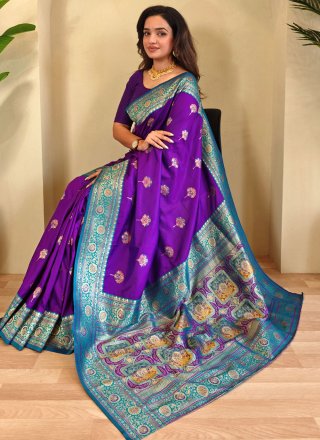 Violet Banarasi Silk Weaving Work Contemporary Saree for Ceremonial