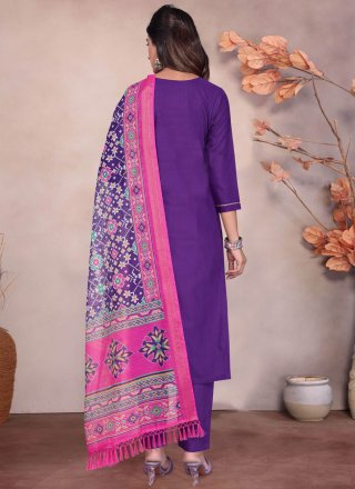 Violet Blended Cotton Embroidered Work Salwar Suit for Women