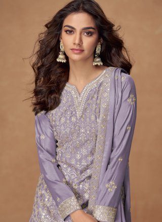 Violet Chinon Embroidered and Zari Work Salwar Suit