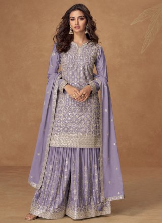 Violet Chinon Embroidered and Zari Work Salwar Suit