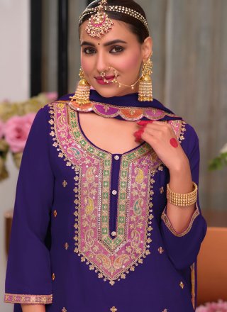 Violet Chinon Embroidered, Sequins and Zari Work Readymade Salwar Suit for Ceremonial