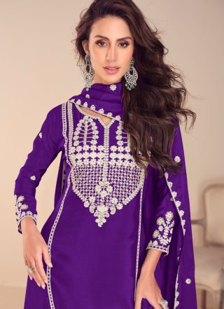 Violet Chinon Embroidered Work Readymade Salwar Suit