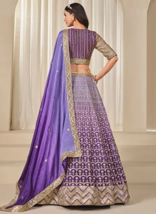 Violet Chinon Lehenga Choli with Embroidered, Sequins, Thread and Zari Work