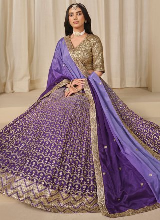 Violet Chinon Lehenga Choli with Embroidered, Sequins, Thread and Zari Work
