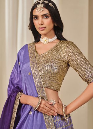Violet Chinon Lehenga Choli with Embroidered, Sequins, Thread and Zari Work