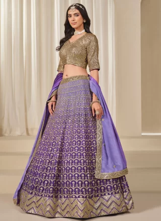 Violet Chinon Lehenga Choli with Embroidered, Sequins, Thread and Zari Work