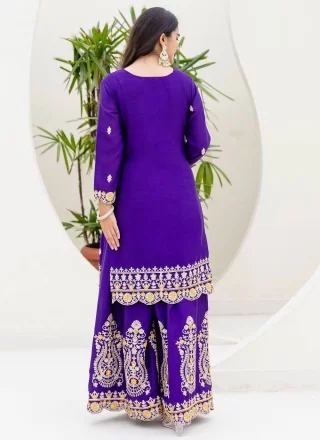 Violet Chinon Salwar Suit with Booti, Embroidered and Zari Work for Ceremonial