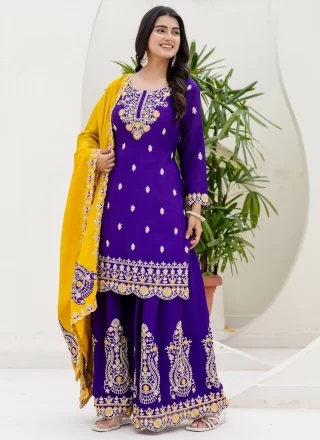 Violet Chinon Salwar Suit with Booti, Embroidered and Zari Work for Ceremonial