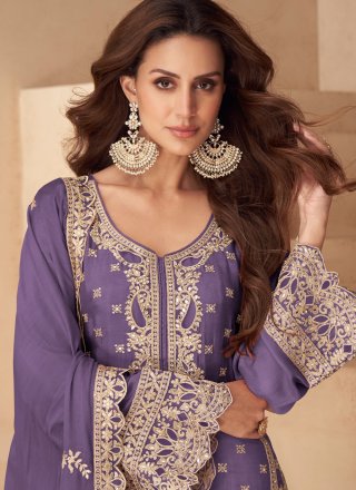 Violet Chinon Salwar Suit with Embroidered, Mirror and Zari Work