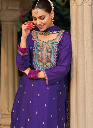 Violet Chinon Salwar Suit with Embroidered, Sequins and Zari Work for Festival
