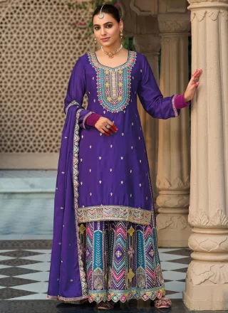 Violet Chinon Salwar Suit with Embroidered, Sequins and Zari Work for Festival