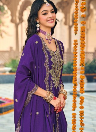Violet Chinon Salwar Suit with Embroidered, Sequins and Zari Work