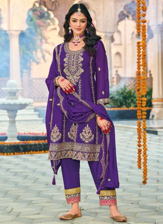 Violet Chinon Salwar Suit with Embroidered, Sequins and Zari Work
