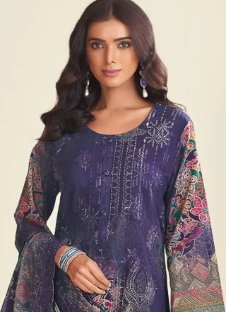 Violet Cotton Digital Print and Embroidered Work Pant Style Suit