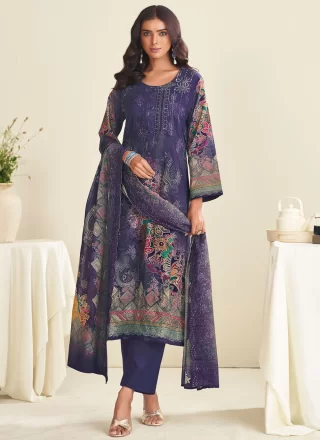 Violet Cotton Digital Print and Embroidered Work Pant Style Suit