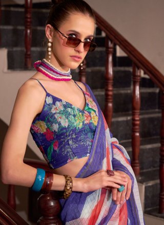 Violet Cotton Silk Strips Print Work Traditional Saree