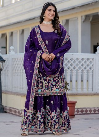 Violet Crush Embroidered and Sequins Work Palazzo Salwar Suit for Ceremonial