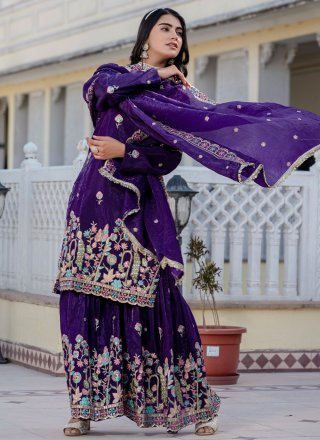 Violet Crush Embroidered and Sequins Work Palazzo Salwar Suit for Ceremonial