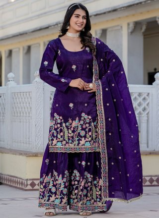 Violet Crush Embroidered and Sequins Work Palazzo Salwar Suit for Ceremonial