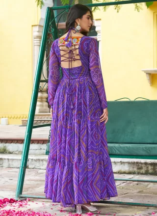 Violet Faux Georgette Gamthi, Patch Border and Print Work Gown