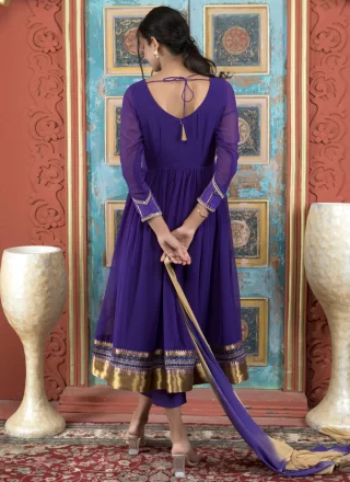 Violet Georgette Embroidered, Lace and Zari Work Salwar Suit