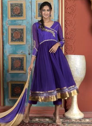 Violet Georgette Embroidered, Lace and Zari Work Salwar Suit