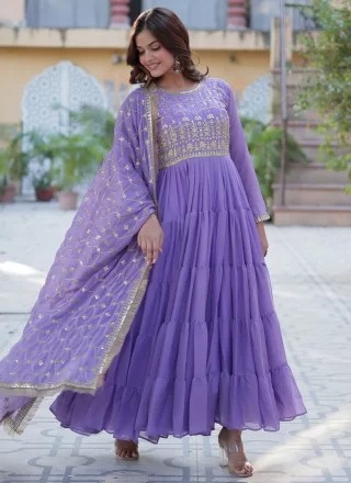 Violet Georgette Embroidered, Sequins and Zari Work Designer Gown for Ceremonial