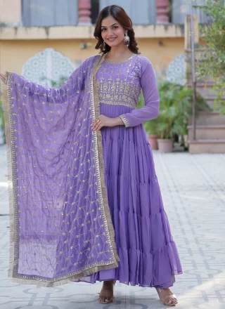 Violet Georgette Embroidered, Sequins and Zari Work Designer Gown for Ceremonial