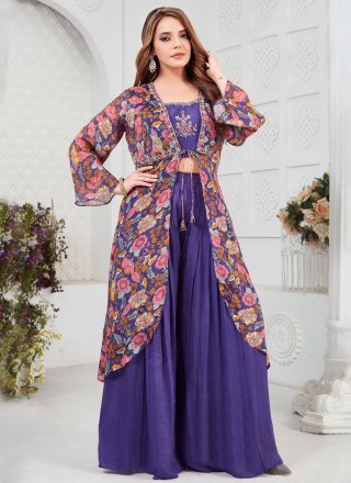 Violet Georgette Jacket Style Suit with Embroidered Work