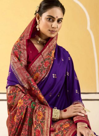 Violet Jacquard and Print Work Silk Contemporary Saree