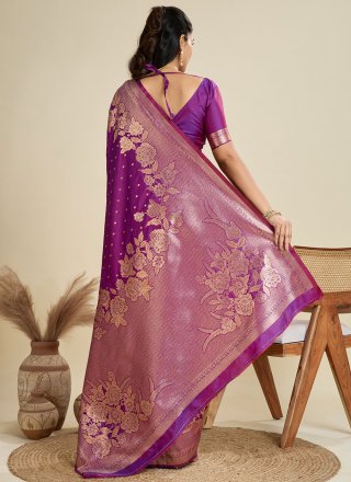 Violet Kanjivaram Silk Weaving Work Traditional Saree